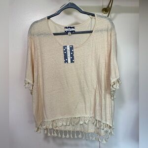 COMME TOI Cream Relaxed Boxy 3/4 Sleeve Blouse 50%cotton 50%linen